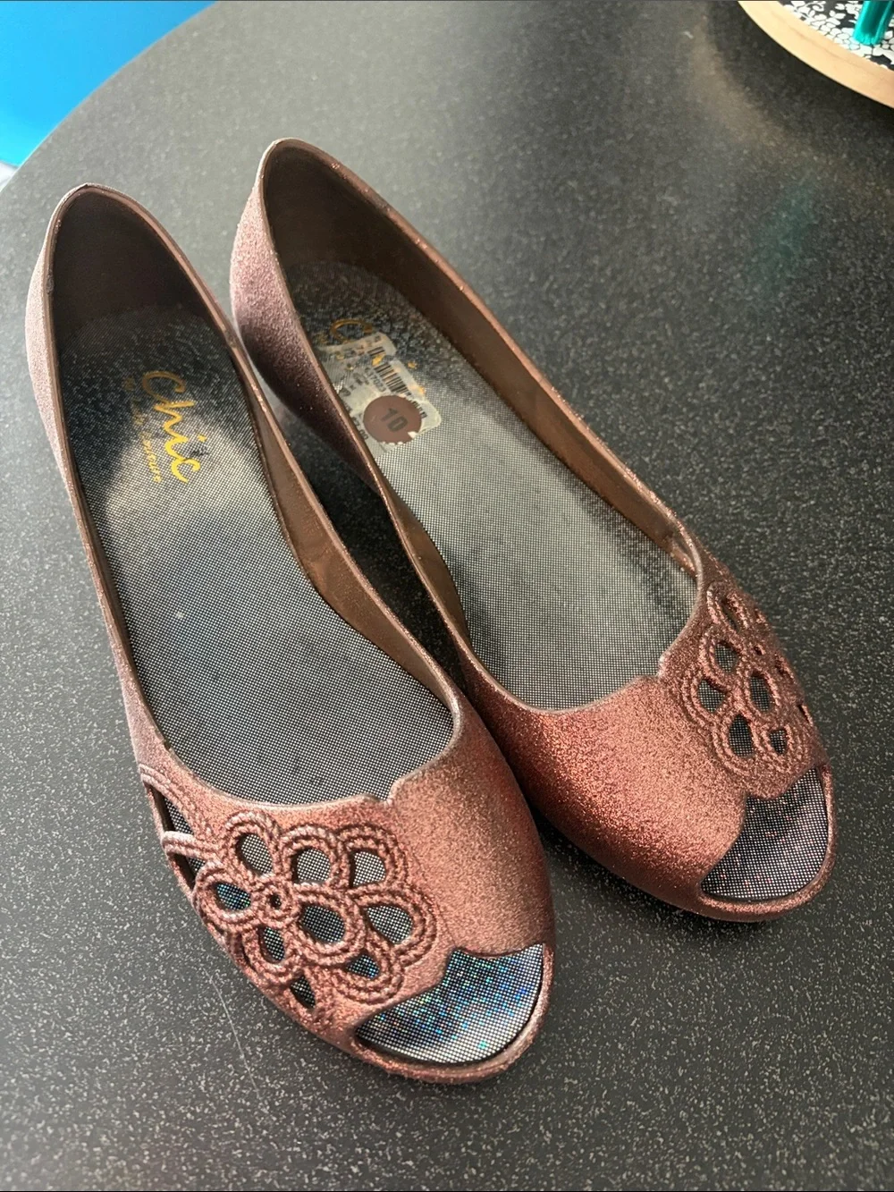Glitter Floral Peep-Toe Flats - Rose Bronze - Picture 5 of 7